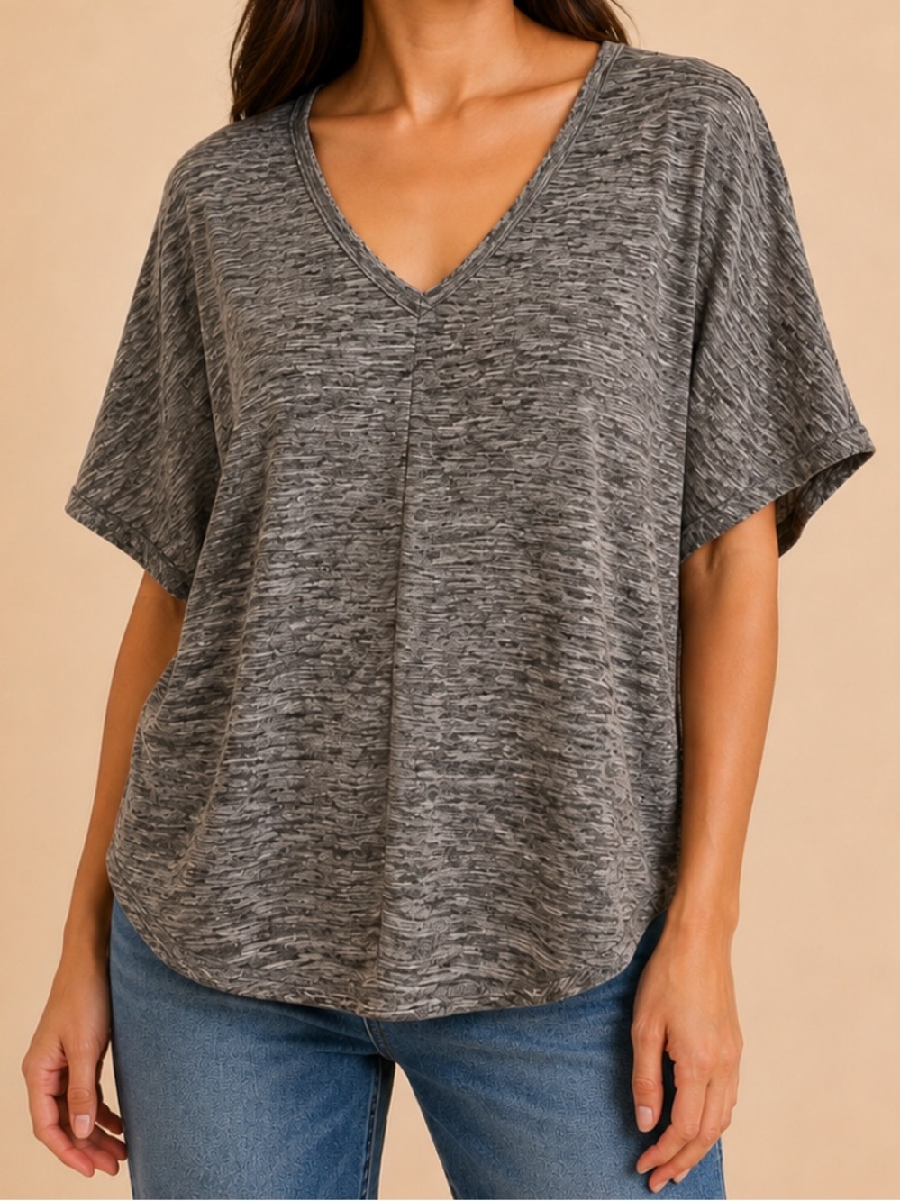 Anthropologie Gray Marled V-Neck Oversized Tee Size Small